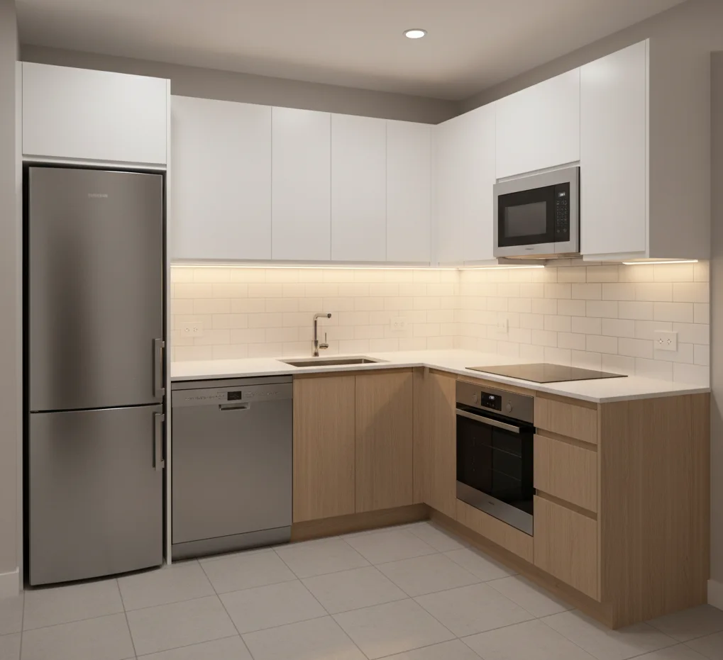 Compact kitchen appliances including slimline refrigerator, two-burner stove, built-in microwave, and small dishwasher designed to save space in modern Coimbatore apartments