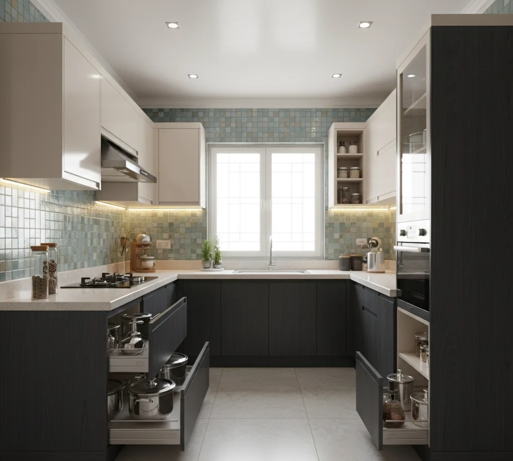 Custom small kitchen design with modern finishes, durable materials, smart layouts, and professional installation for Indian homes in Coimbatore