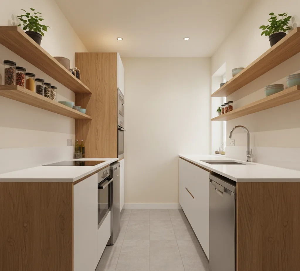 Compact galley-style small kitchen with parallel counters and sleek design in Coimbatore apartment