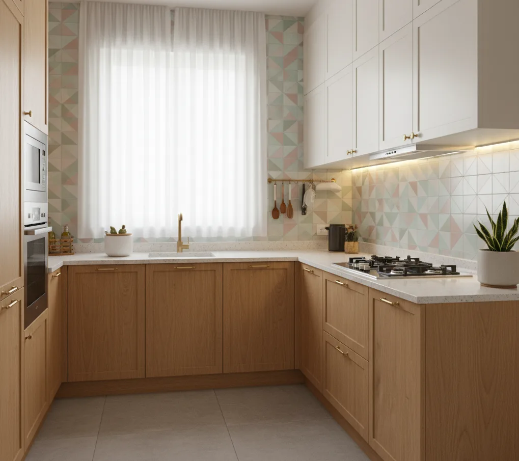 Contemporary L-shaped small kitchen design with optimized counter space in Coimbatore apartment