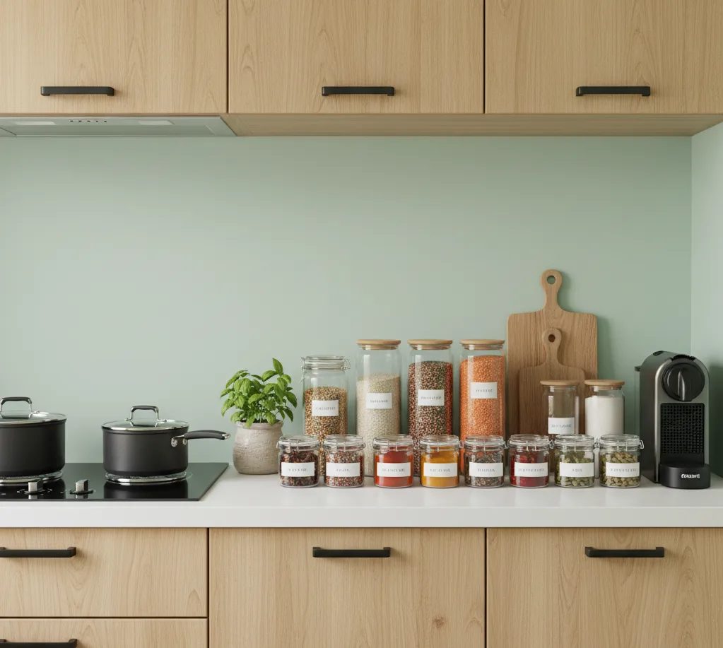 Modern single-line small kitchen interior design with compact storage solutions in Coimbatore