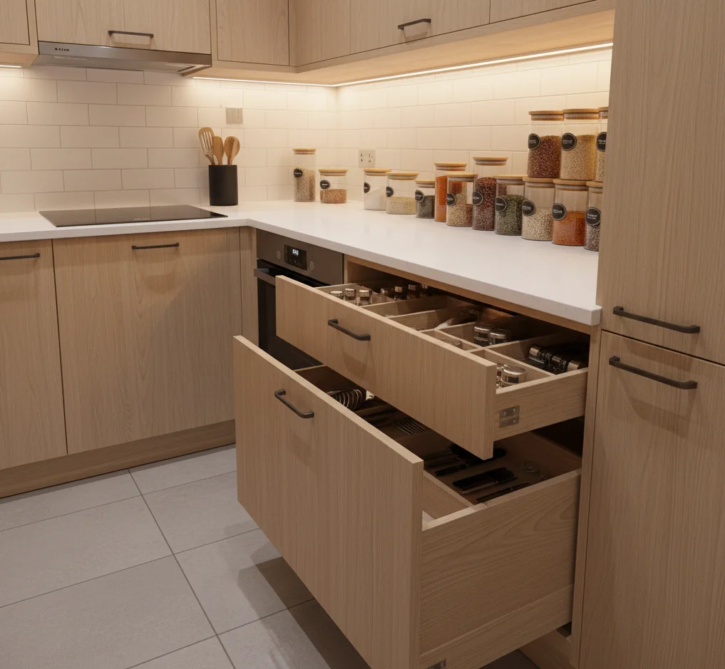 Compact kitchen appliances including slimline refrigerator, two-burner stove, built-in microwave, and small dishwasher designed to save space in modern Coimbatore apartments